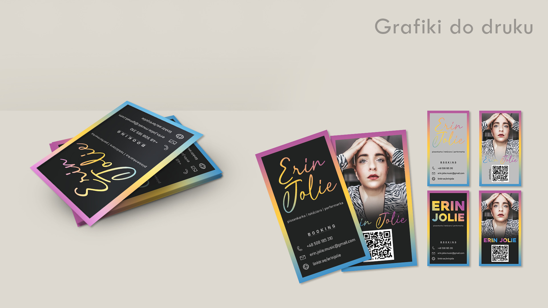 Wizytówki z gradientowym obramowaniem i czarnym tłem, prezentujące dane kontaktowe piosenkarki, tekściarki i performerki, z dodatkowym wariantem z portretem artystki i kodem QR.