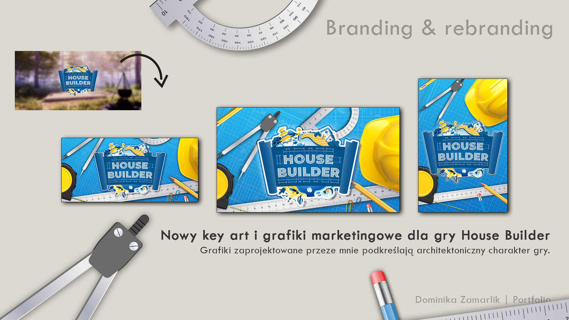 Key art i grafiki marketingowe do gry House Builder, prezentujące logo i elementy wizualne gry z narzędziami architektonicznymi na niebieskim tle przypominającym plan budowy.