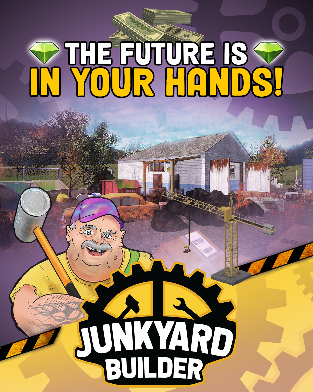 Kreskówkowa grafika przedstawiająca mężczyznę z młotem na tle złomowiska z napisem 'Junkyard Builder', stos banknotów i hasłem 'The future is in your hands!'.