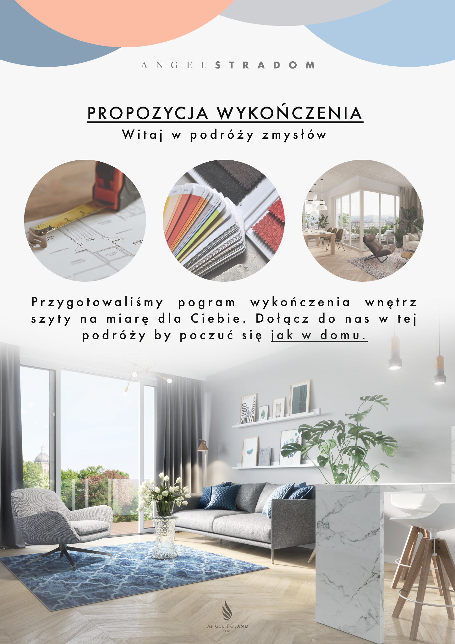Grafika reklamowa prezentująca propozycję wykończenia wnętrz z wizualizacją salonu, paletą kolorów i planami architektonicznymi.