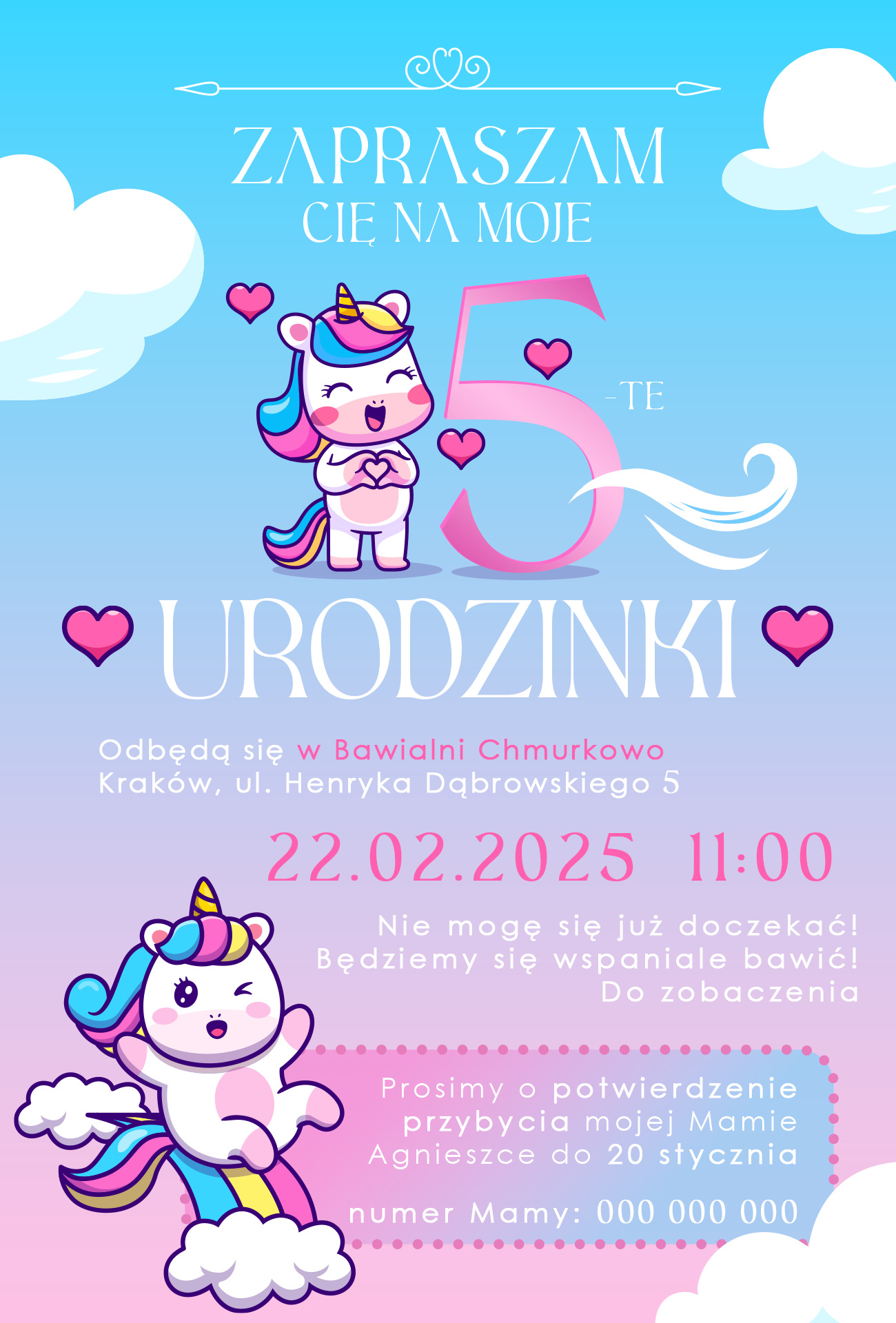 Urocza, kolorowa grafika zaproszenia na piąte urodziny z motywem jednorożca, serduszkami i informacjami o dacie, godzinie i miejscu wydarzenia.