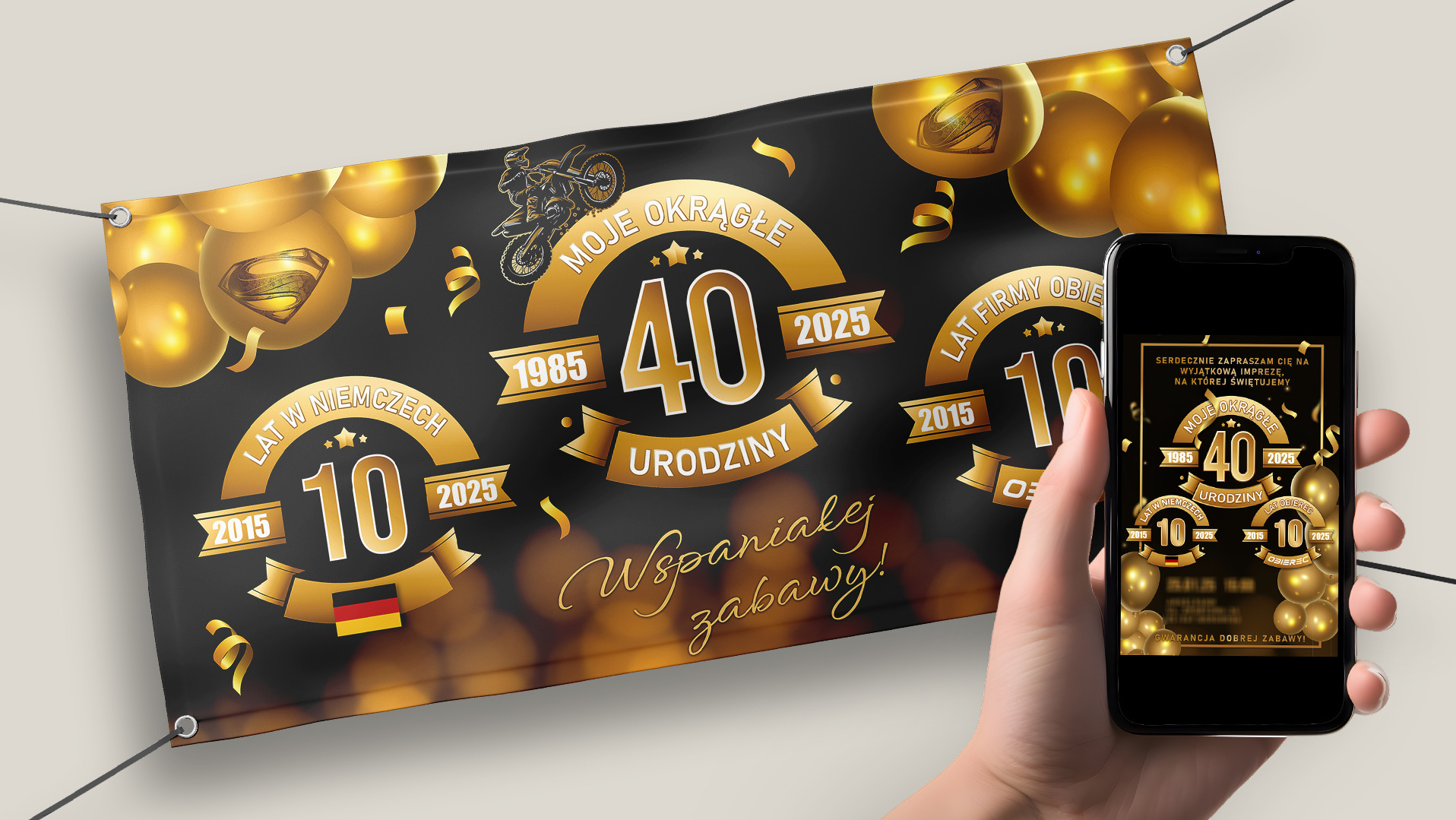 Baner urodzinowy z motywem 40. urodzin i 10-lecia firmy, wyświetlany obok smartfona z cyfrową wersją zaproszenia na imprezę.