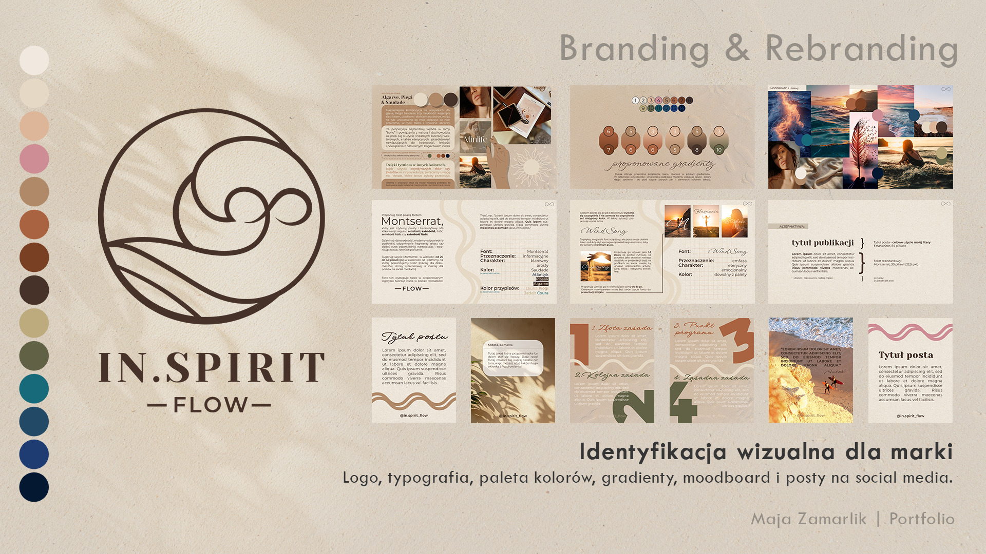 Prezentacja identyfikacji wizualnej marki: moodboard, paleta kolorów, typografia, logo In.Spirit Flow, gradienty i przykładowe posty na social media.