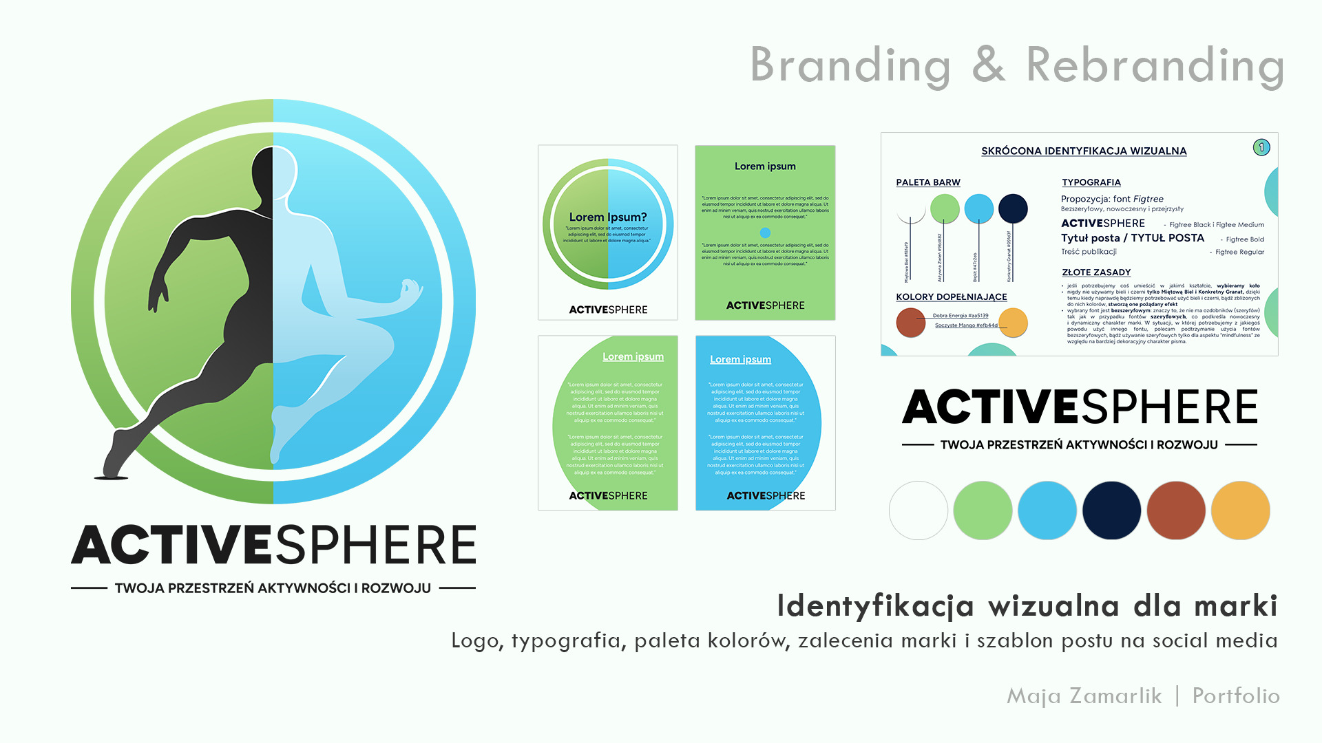 Prezentacja identyfikacji wizualnej marki ActivSphere, obejmująca logo z sylwetką biegacza w kole podzielonym na zieloną i niebieską część, paletę kolorów, typografię Figtree oraz przykładowe...