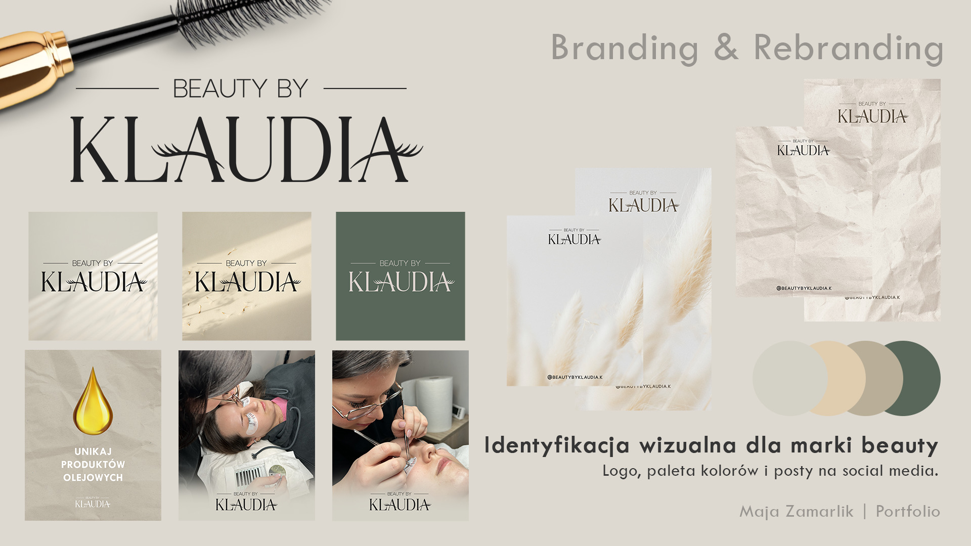 Kolaż prezentujący identyfikację wizualną marki Beauty by Klaudia, w tym logo z motywem rzęs, paletę kolorów w odcieniach beżu i zieleni, oraz przykłady postów w mediach społecznościowych, w tym...