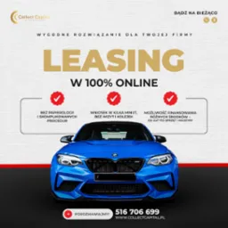 Niebieski samoch&oacute;d BMW na grafice reklamowej leasingu online. Hasło: Leasing w 100% online. Minimum formalności, szybka decyzja, oferty wielu bank&oacute;w.