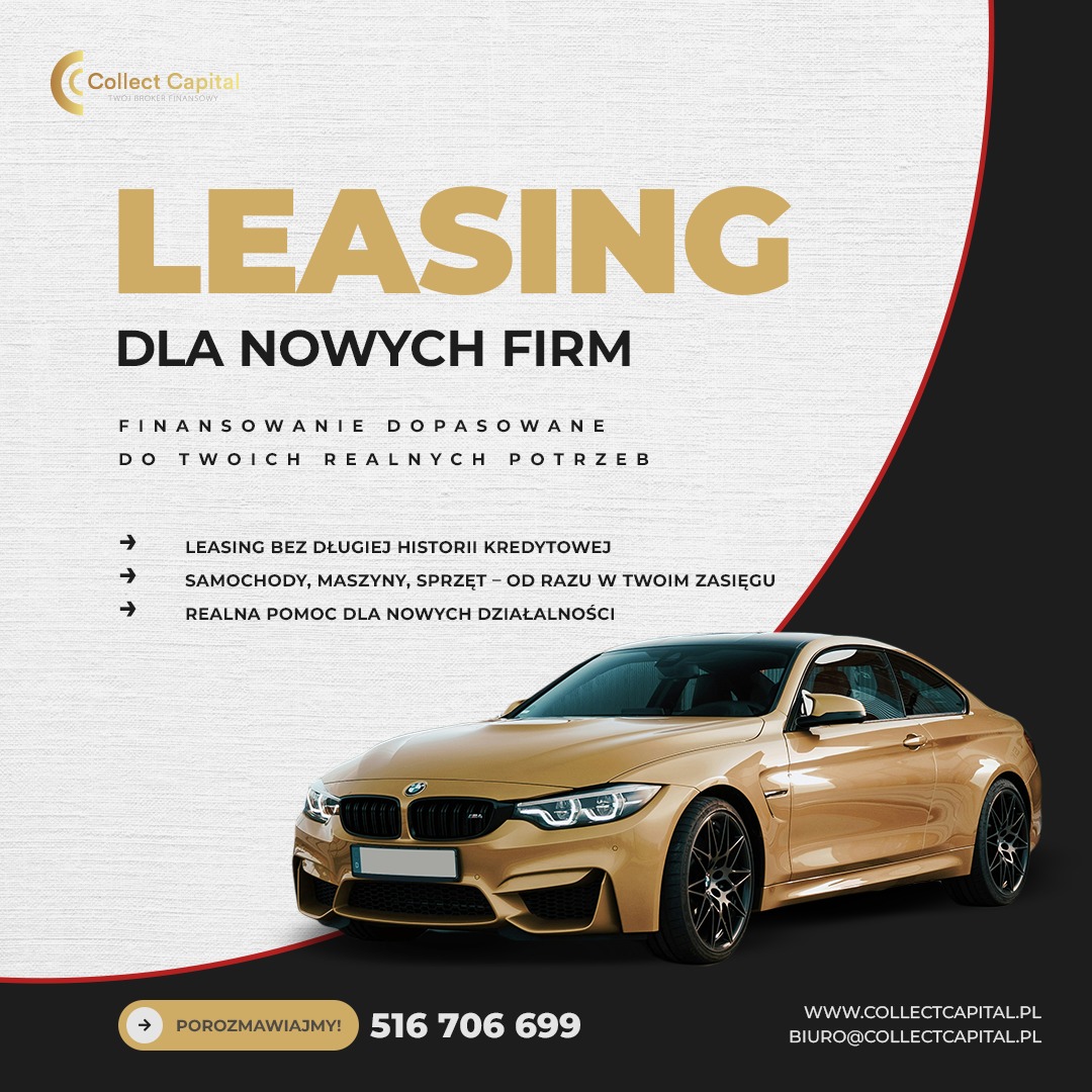 Złoty samochód BMW na grafice reklamowej leasingu dla nowych firm. Minimalizm, nowoczesny design, kontakt telefoniczny widoczny na dole.