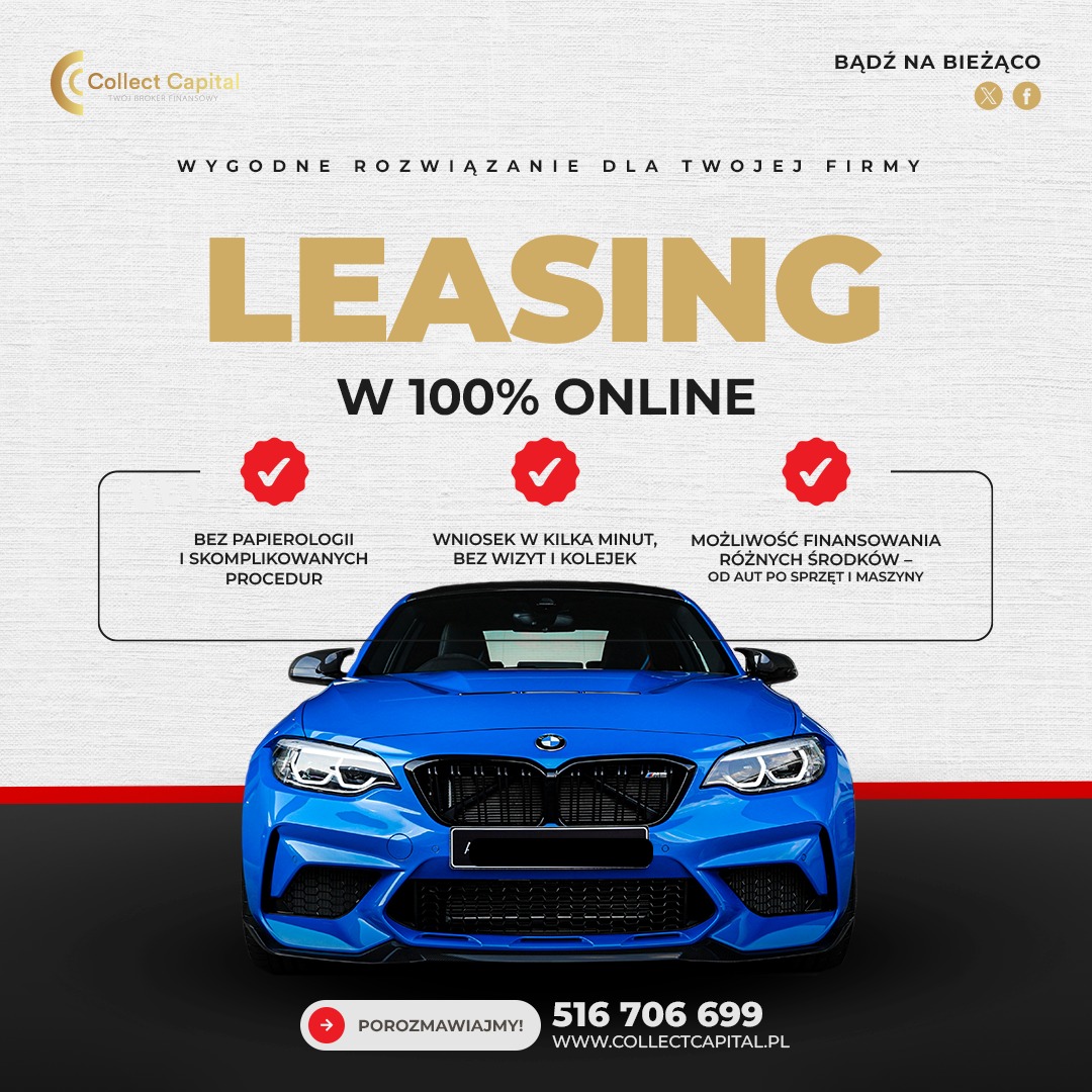 Niebieski samochód BMW na grafice reklamowej leasingu online. Hasło: Leasing w 100% online. Minimum formalności, szybka decyzja, oferty wielu banków.