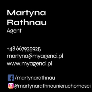 Wizytówka agenta nieruchomości Martyny Rathnau z danymi kontaktowymi: numer telefonu, adres e-mail, adres strony internetowej oraz profile w mediach społecznościowych Facebook i Instagram,...