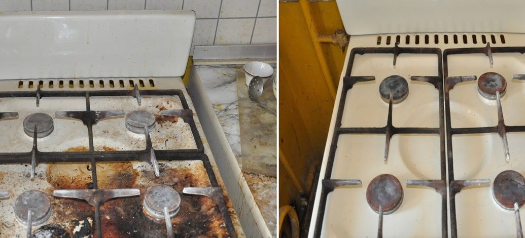 Porównanie: bardzo zabrudzona kuchenka gazowa przed i po czyszczeniu, widoczne przypalone resztki jedzenia i tłuszcz, po prawej stronie kuchenka po czyszczeniu z widocznymi śladami użytkowania.