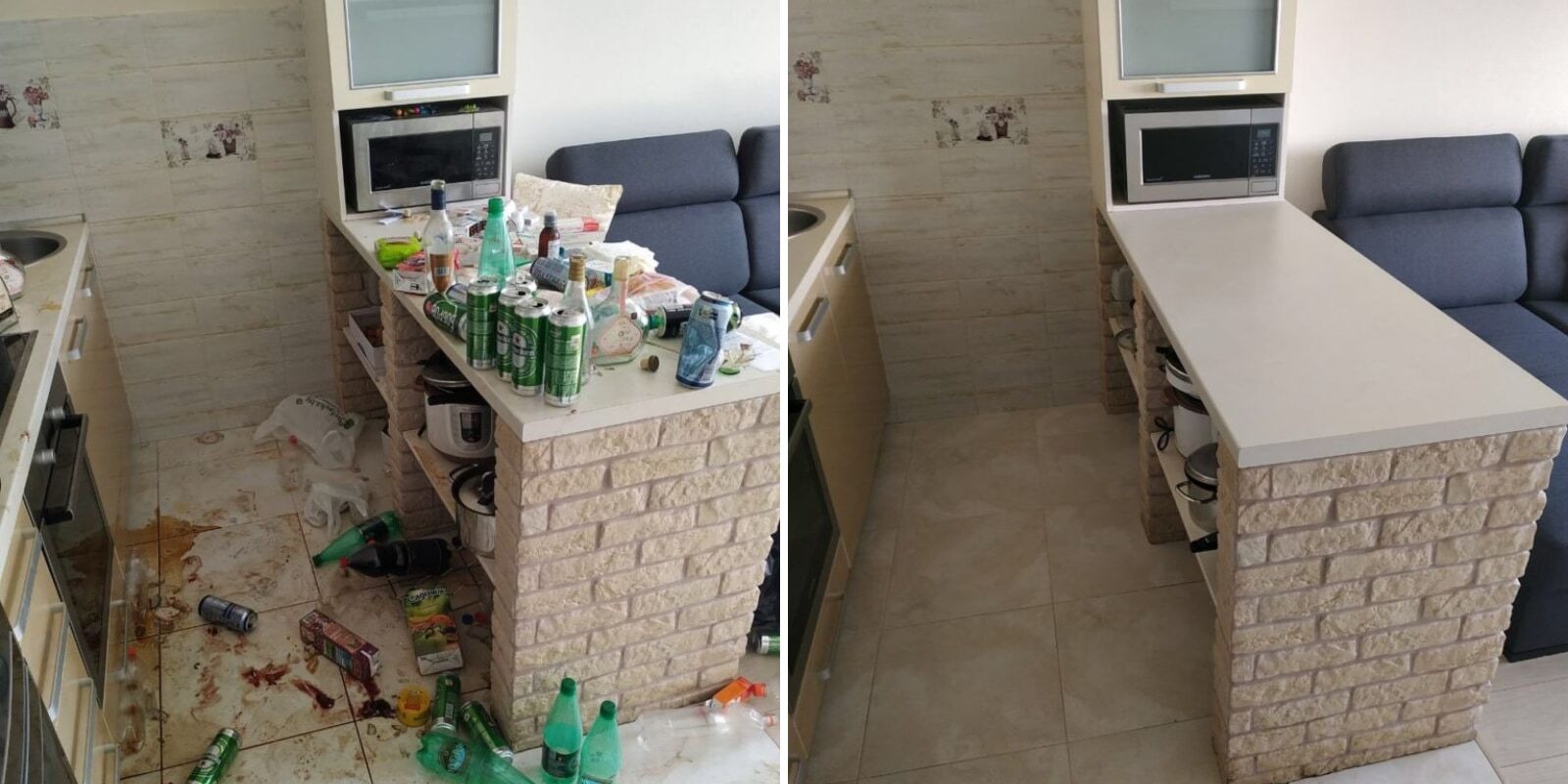 Zdjęcie typu 'przed i po' przedstawia metamorfozę kuchni: po lewej stronie bałagan z rozlanymi napojami, puszkami i resztkami jedzenia na podłodze i blacie, a po prawej stronie czysta podłoga...
