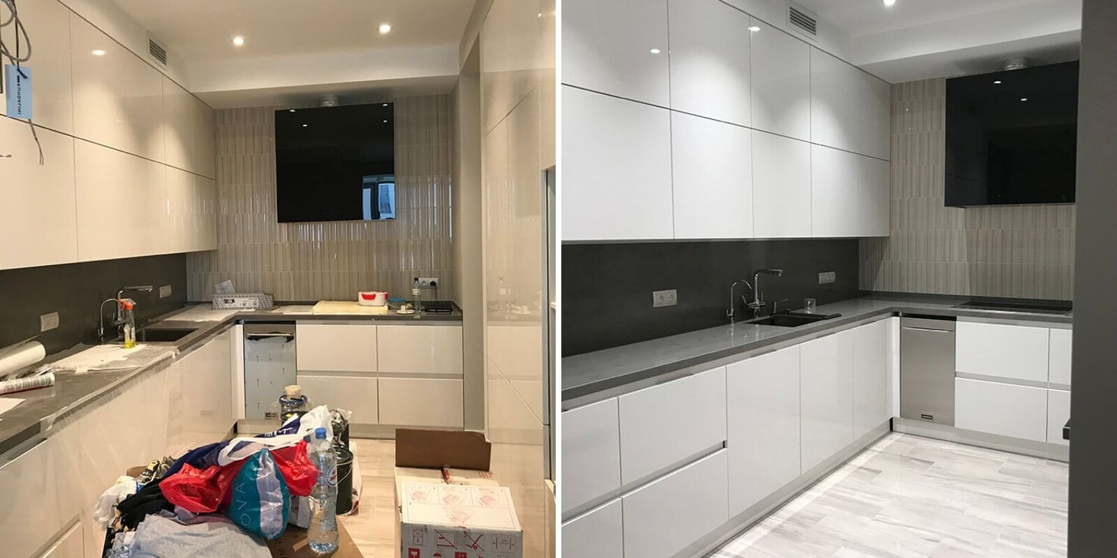 Porównanie kuchni przed i po remoncie: bałagan z torbami i kartonami kontra czysta, biała zabudowa z szarym blatem i czarnym okapem.