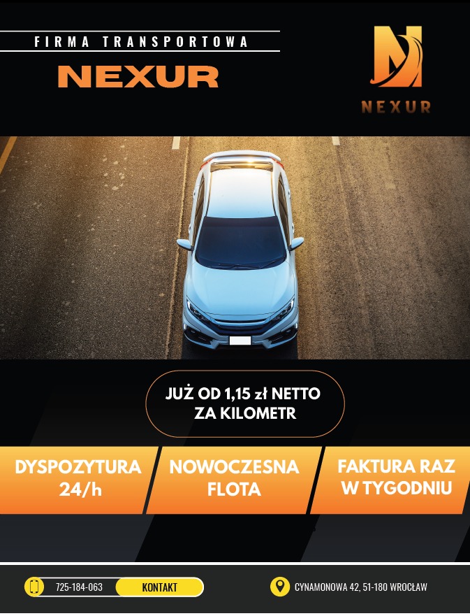 Biały samochód osobowy na asfalcie z góry, logo Nexur, dyspozytura 24h, nowoczesna flota, faktura raz w tygodniu, cena od 1,15 zł netto za kilometr.