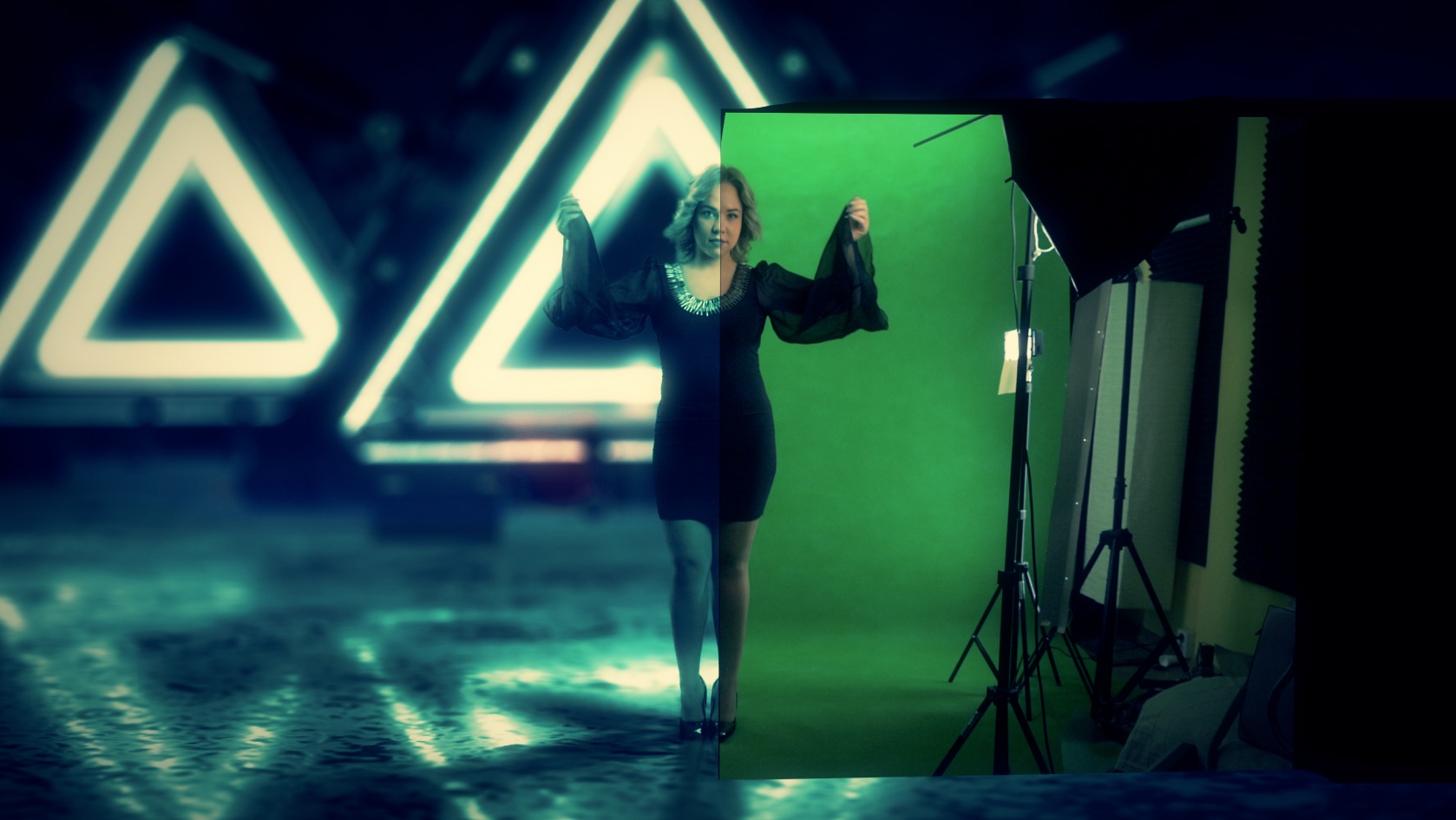 Kobieta w czarnej sukience na planie filmowym z zielonym tłem, oświetleniem i neonowymi trójkątami w tle.
