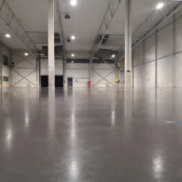 Polerowana, szara posadzka przemysłowa w hali magazynowej z widocznymi stalowymi słupami i bramami w tle.