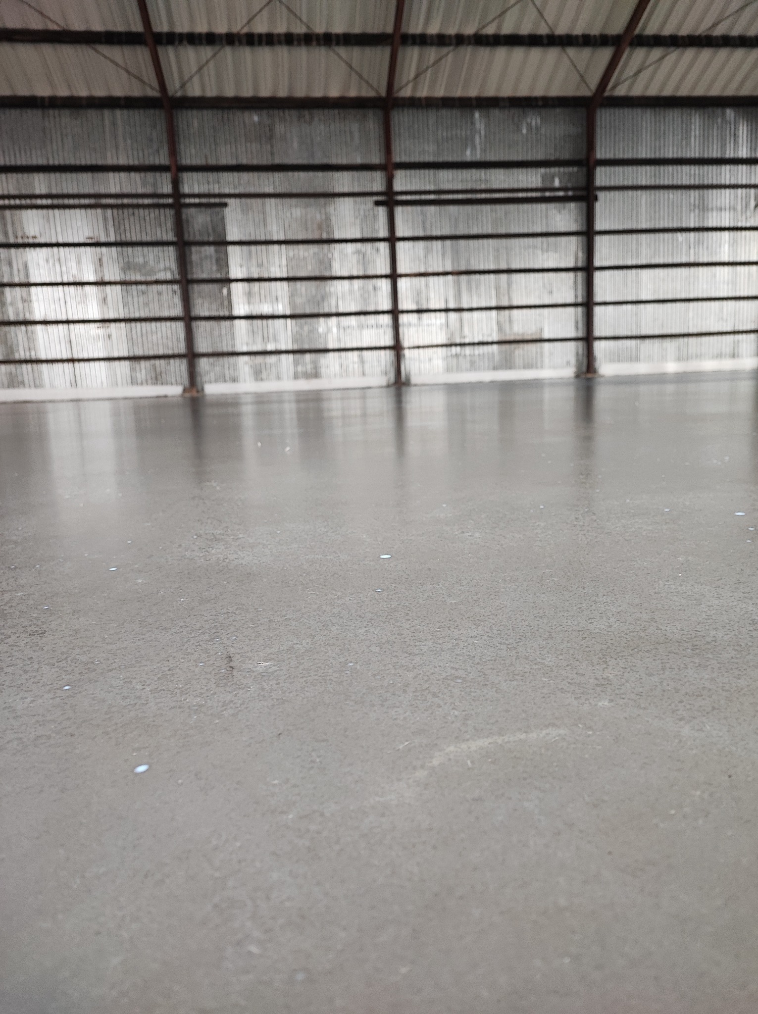 Świeżo wylana, gładka, szara posadzka w hali przemysłowej z widoczną metalową konstrukcją dachu i ścian. Na powierzchni posadzki widoczne drobne białe plamki.
