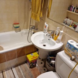 Ilona Zawadzka - Umywalka i toaleta w łazience z beżowymi płytkami, widoczne środki czystości i zapas papieru toaletowego. Na półce kosmetyki i pralka.