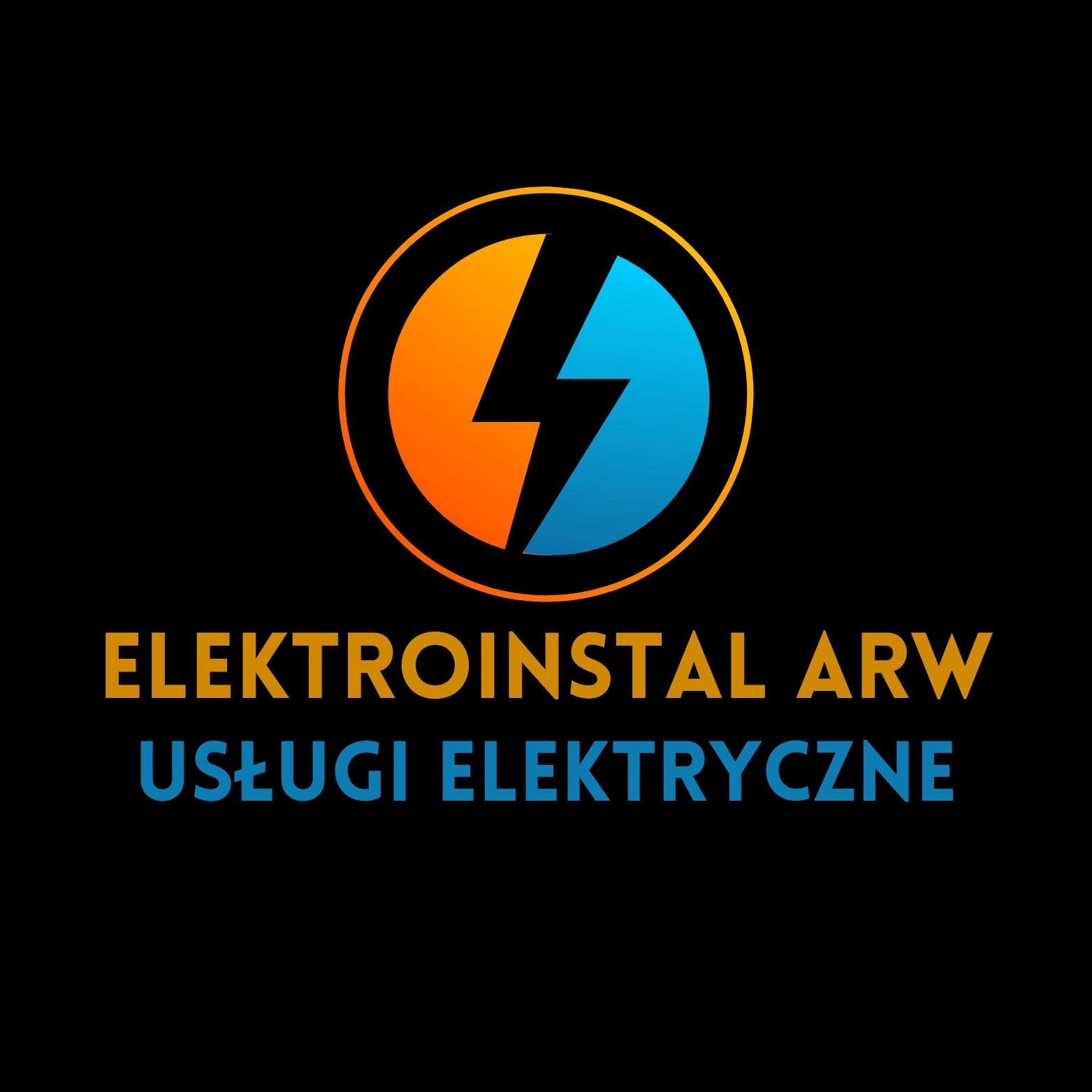 Logo firmy Elektroinstal ARW z symbolem błyskawicy w okręgu, połowa pomarańczowa, połowa niebieska, na czarnym tle.