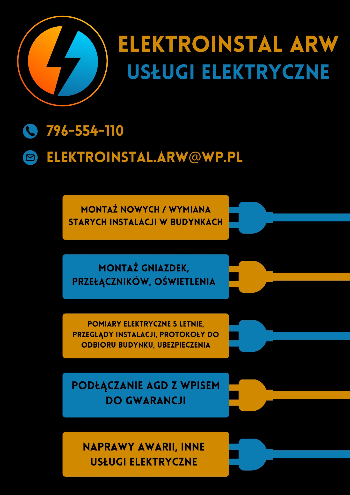 Grafika reklamowa firmy Elektroinstal ARW z numerem telefonu, adresem e-mail oraz listą świadczonych usług: montaż nowych i wymiana starych instalacji, montaż gniazdek, przełączników, oświetlenia...