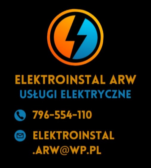 Logo firmy Elektroinstal ARW z pomarańczowo-niebieską błyskawicą w okręgu, nazwa firmy, usługi elektryczne, numer telefonu i adres e-mail na czarnym tle.