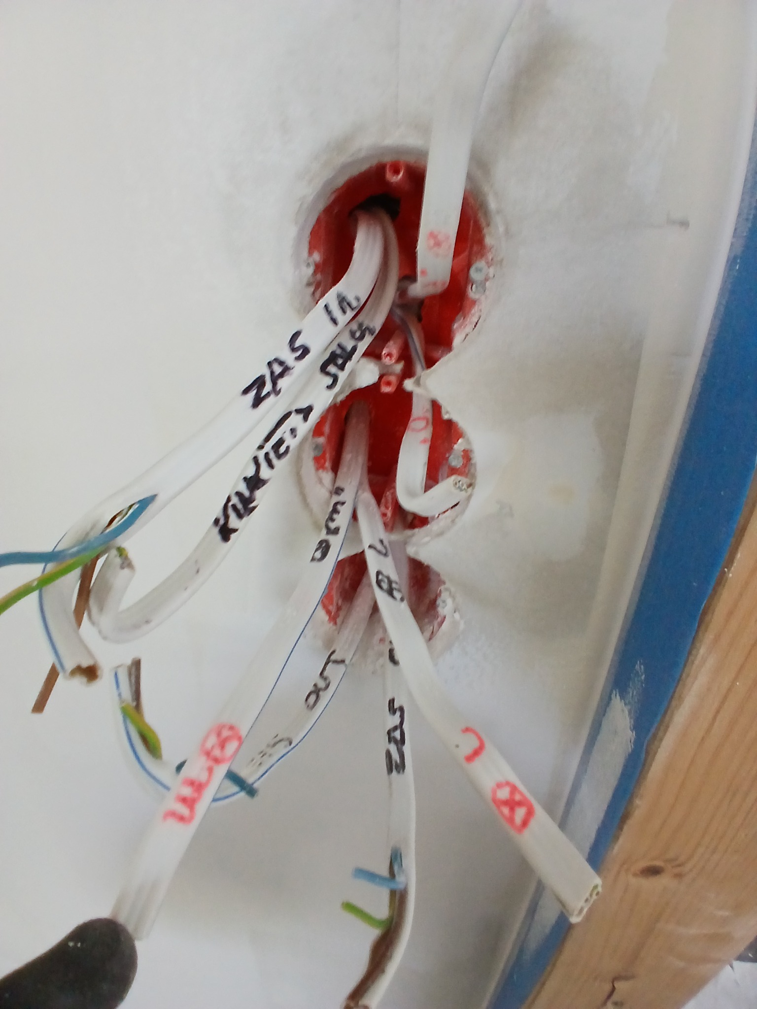 Otwór w ścianie z wystającymi przewodami elektrycznymi, oznaczonymi napisami. Widoczne kable w kolorze białym z kolorowymi żyłami i oznaczeniami.