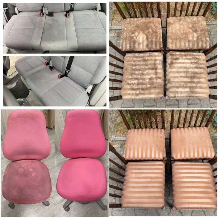 Kolaż zdjęć prezentujący efekty czyszczenia tapicerki: szare siedzenia samochodowe przed i po, cztery krzesła z beżowymi poduszkami w paski przed i po, oraz różowe krzesło biurowe przed i po...