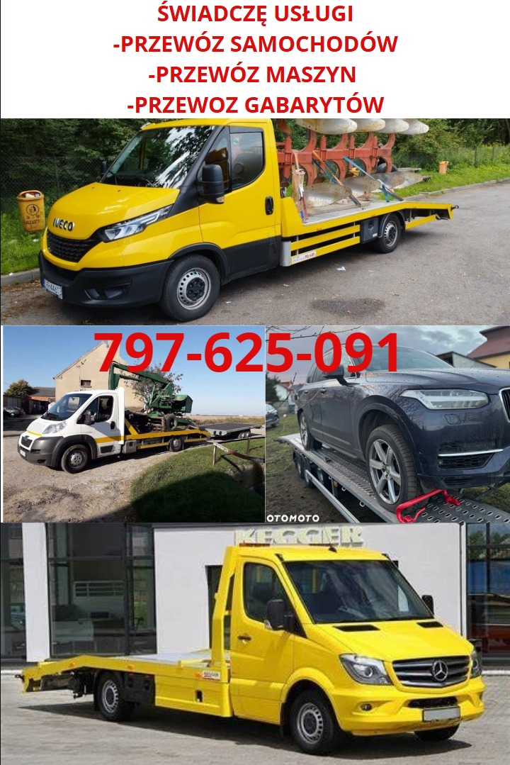 Żółta laweta Iveco z maszyną rolniczą na platformie, obok śmietnika, w tle zieleń. Kolaż zdjęć: laweta z traktorem, laweta z czarnym Volvo zabezpieczonym pasami, oraz laweta Mercedes przed budynkiem.