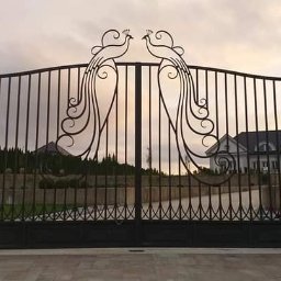 ADK blacksmith CNC Adam Kłos - Kuta brama wjazdowa z motywem dwóch pawi, osadzona na masywnych, jasnych słupach, z widokiem na dom w tle.