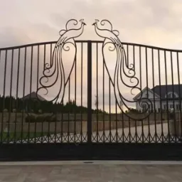 Kuta brama wjazdowa z motywem dwóch pawi, osadzona na masywnych, jasnych słupach, z widokiem na dom w tle.