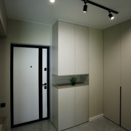 SN MEBLE SPÓŁKA Z OGRANICZONĄ ODPOWIEDZIALNOŚCIĄ - Nowoczesny przedpokój z jasnymi szafami, czarną ramą drzwi wejściowych i oświetleniem szynowym.