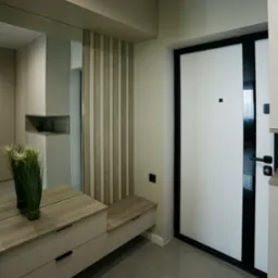 Nowoczesny przedpokój z lustrem, szafką z szufladami i siedziskiem, drzwi wejściowe w kolorze białym z czarnymi akcentami, szara marmurowa podłoga.