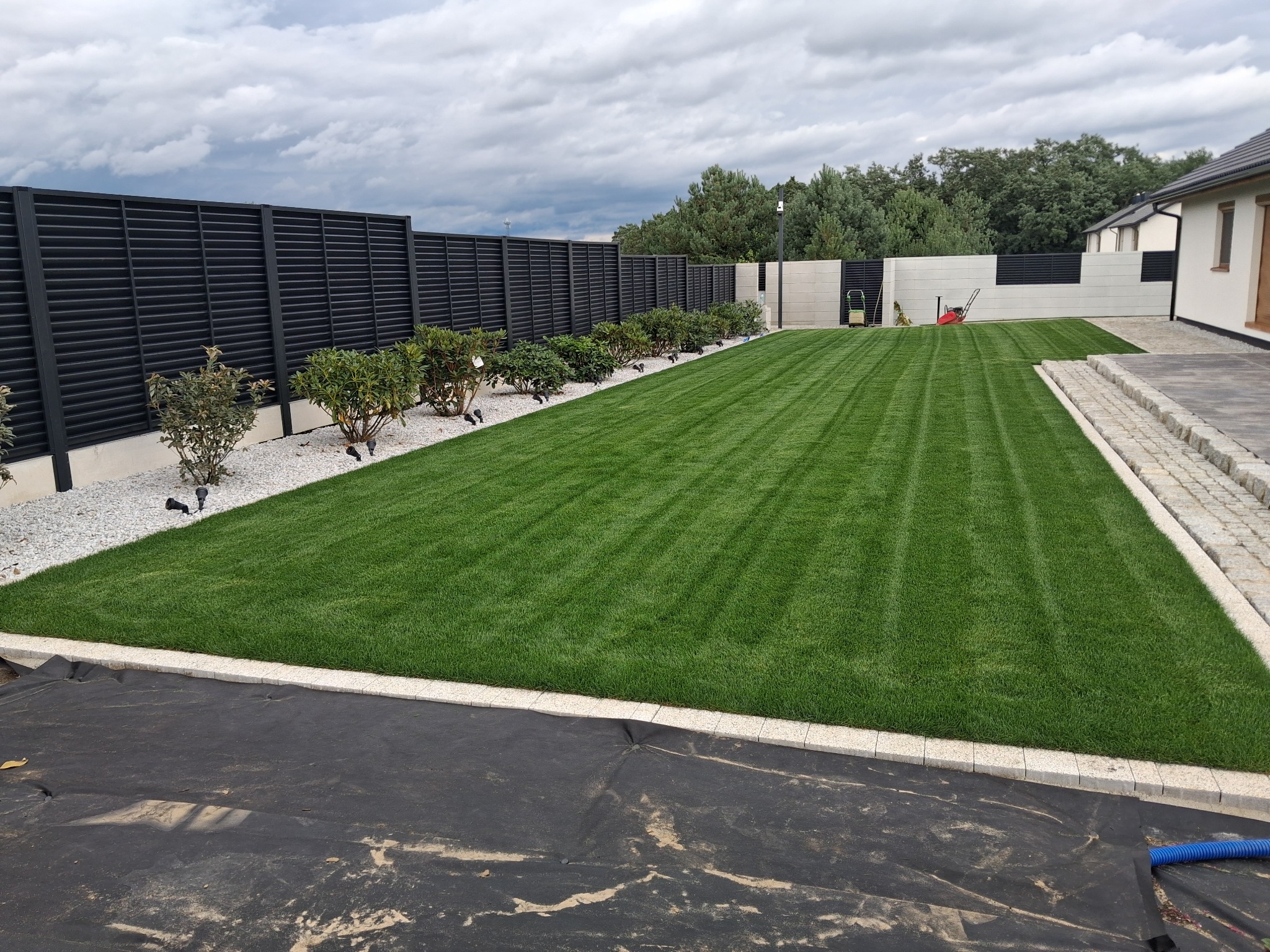 Perfekcyjnie skoszony trawnik z rolki, obrzeża z kostki, czarny płot lamelowy, biały żwir i nasadzenia krzewów, widok na ogród w pochmurny dzień.