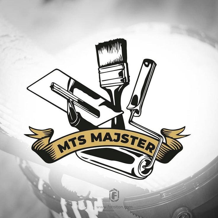 Logo firmy MTS Majster z pędzlem, wałkiem i kielnią na tle wiadra z farbą.