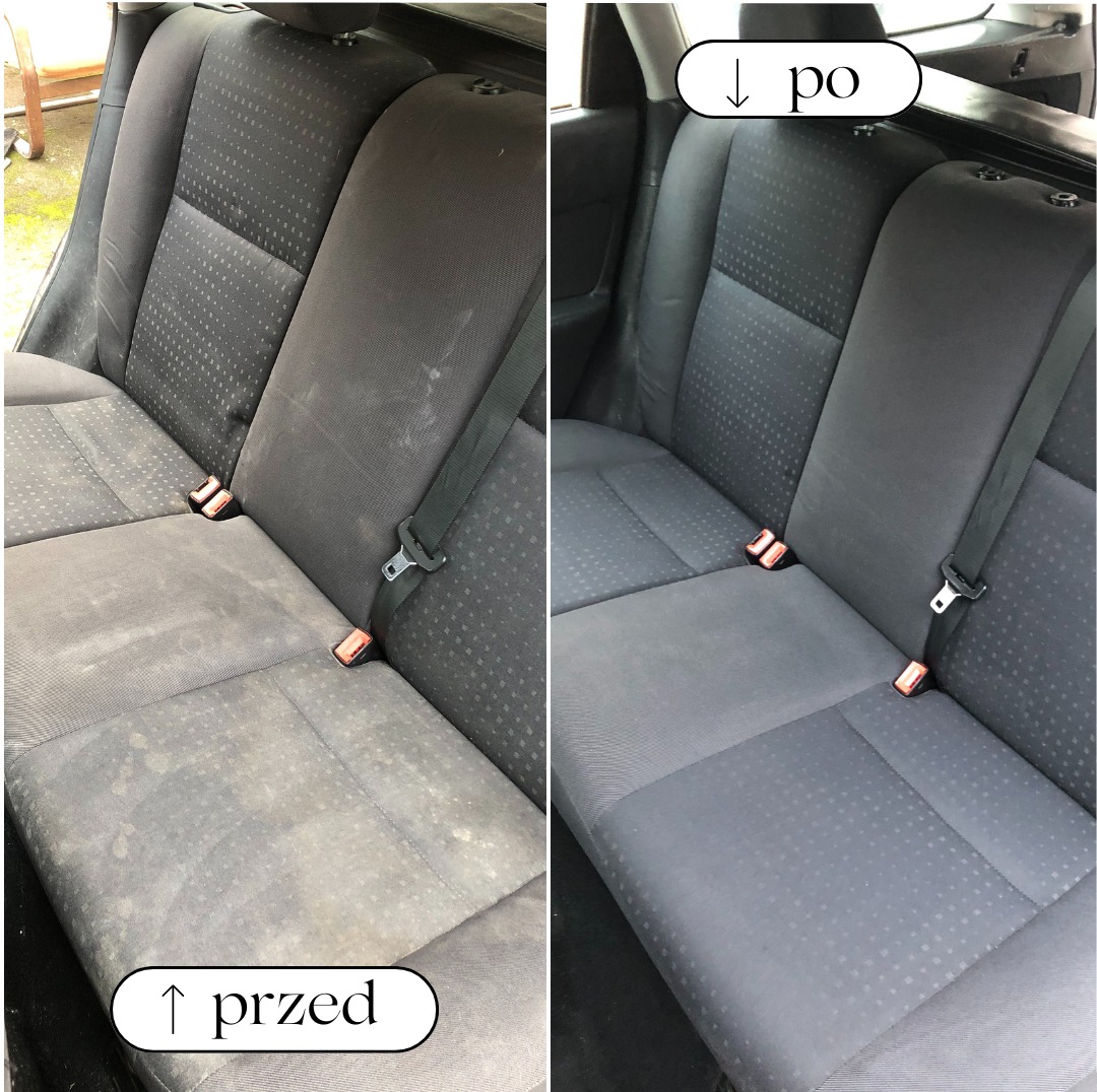 Porównanie fotela samochodowego z tapicerką przed i po czyszczeniu, widoczne różnice w czystości materiału, ujęcie z wnętrza pojazdu.