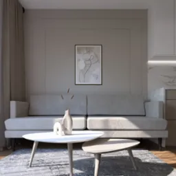 Stylowy salon w Orłach: beżowa sofa, stoliki kawowe, abstrakcyjny obraz na ścianie. Minimalistyczne wnętrze z marmurowym blatem i subtelnym oświetleniem.