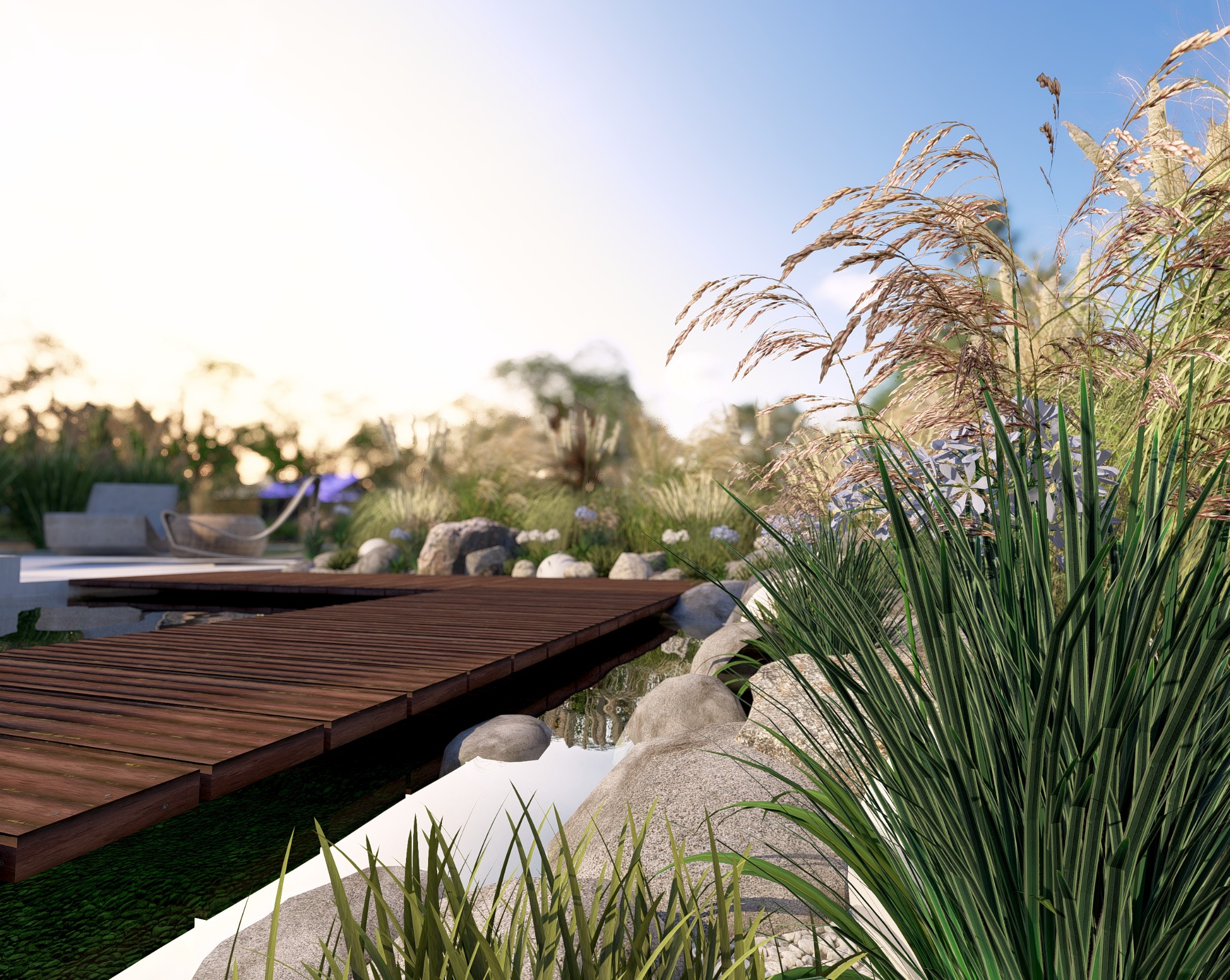 Wizualizacja ogrodu z drewnianym pomostem nad wodą, otoczonego roślinnością i kamieniami. W tle widoczne meble ogrodowe i trawa.