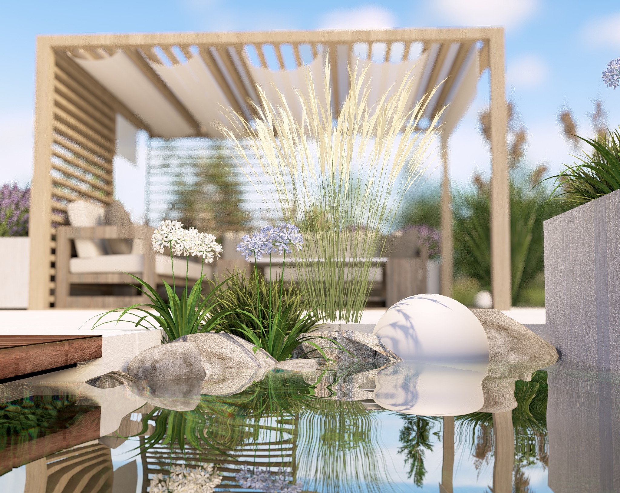 Aranżacja ogrodu z pergolą, roślinami ozdobnymi i oczkiem wodnym. Woda odbija konstrukcję i zieleń, tworząc spokojną, relaksującą przestrzeń. Elementy dekoracyjne z kamienia.