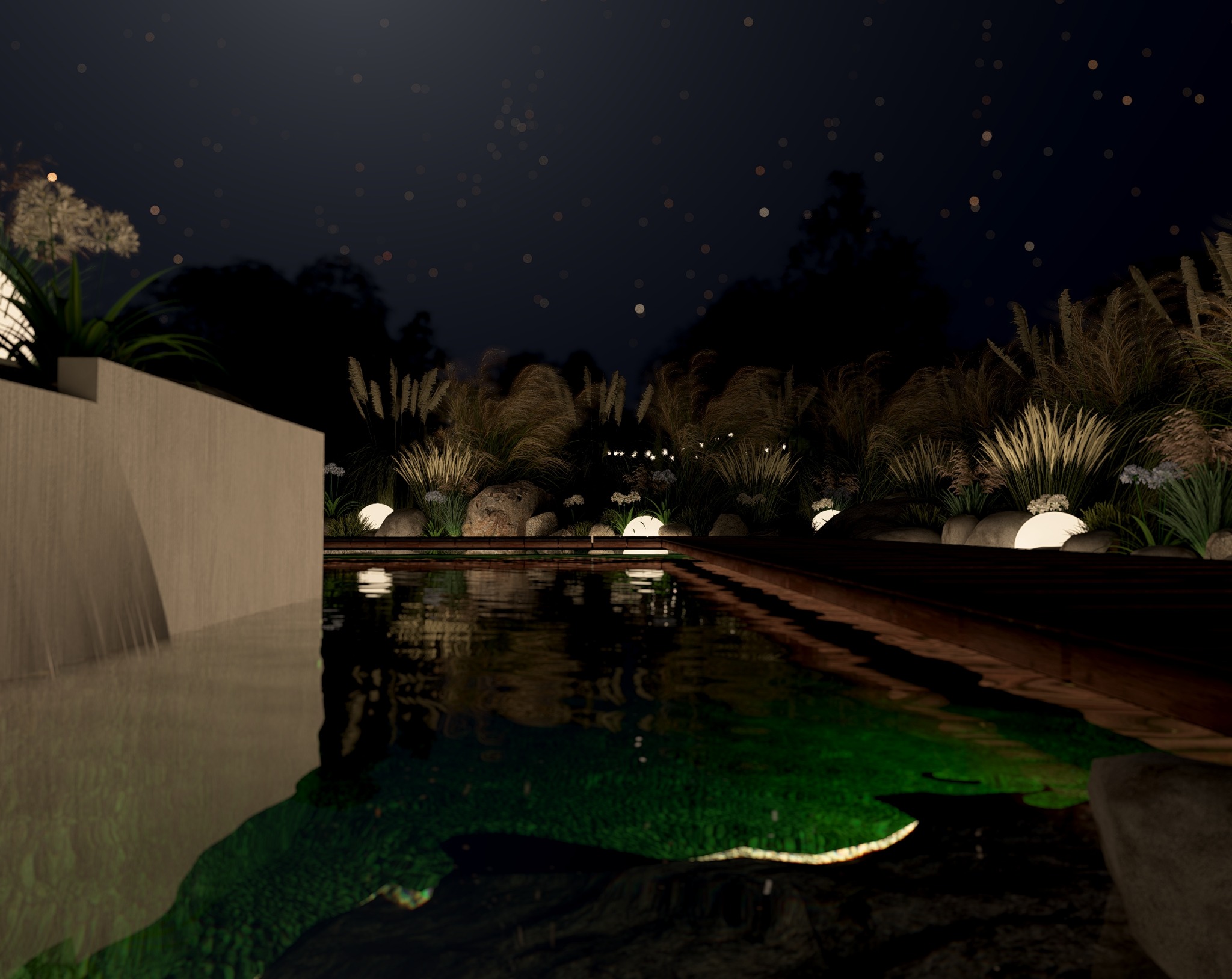 Nastrojowy ogród nocą w Orłach: oświetlony zbiornik wodny otoczony roślinnością i kamieniami, tworzący relaksującą atmosferę.