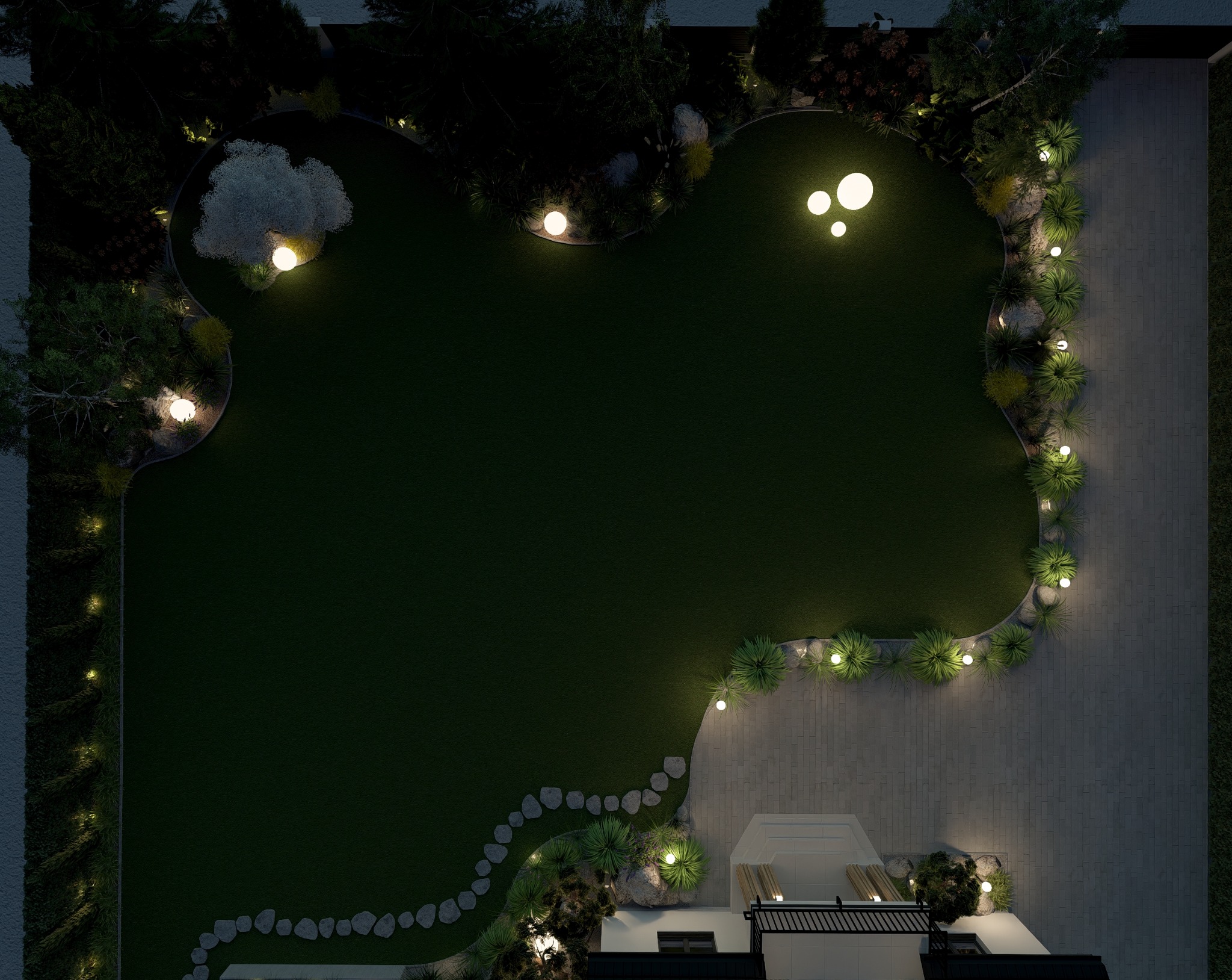 Nocny widok z góry na oświetlony ogród z trawnikiem, ścieżką z kamieni i roślinami. Lampy kuliste rozświetlają przestrzeń, tworząc przytulną atmosferę.