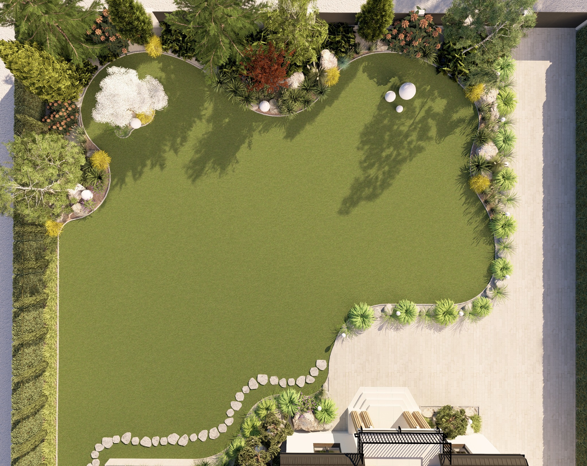 Widok z góry na projekt ogrodu z trawnikiem, nasadzeniami i ścieżką z kamieni prowadzącą do tarasu. Elementy dekoracyjne w postaci białych kul.