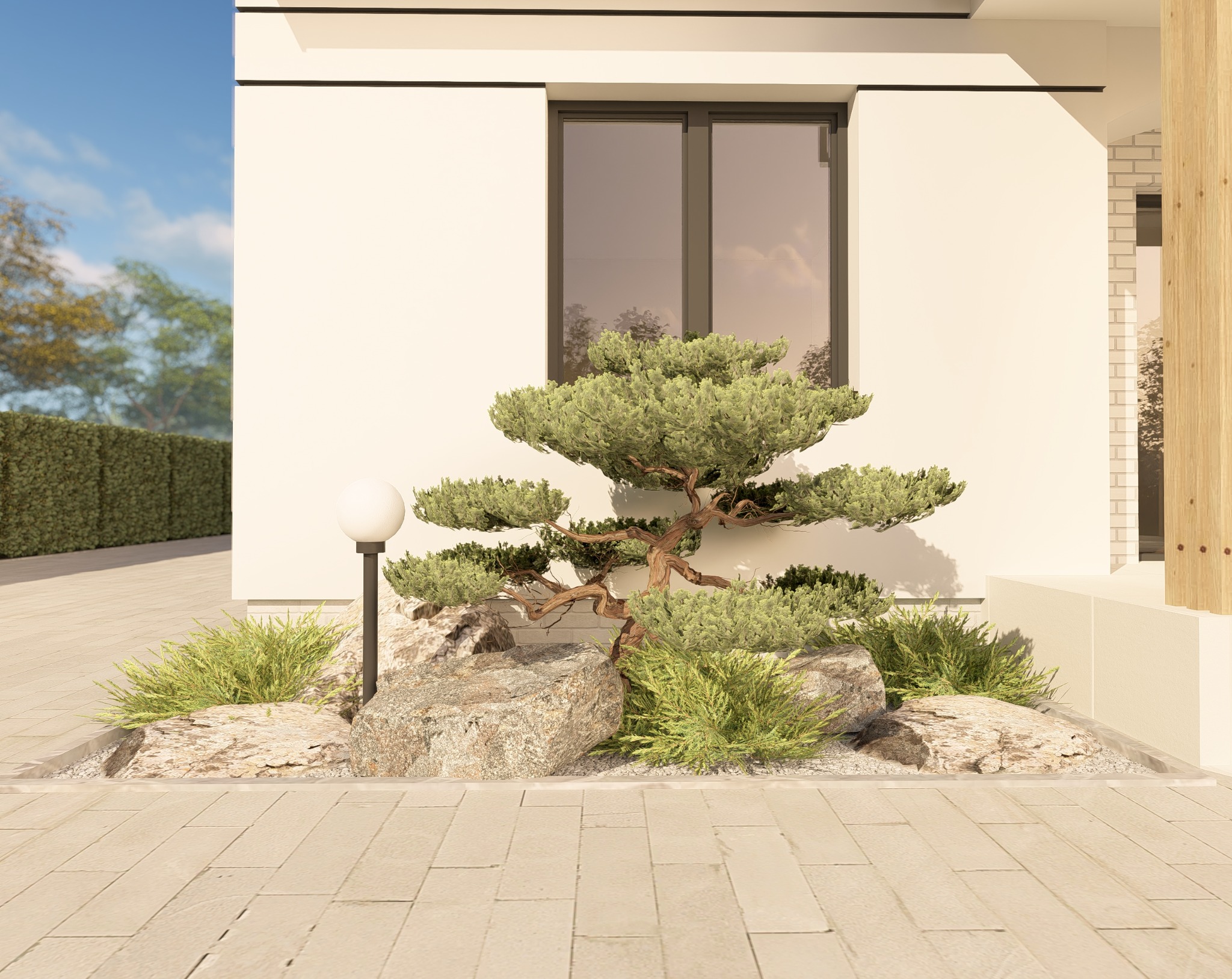Ogród japoński z bonsai i kamieniami na tle nowoczesnej elewacji. Minimalistyczny design, jasne barwy, oświetlenie punktowe. Elementy architektury krajobrazu.