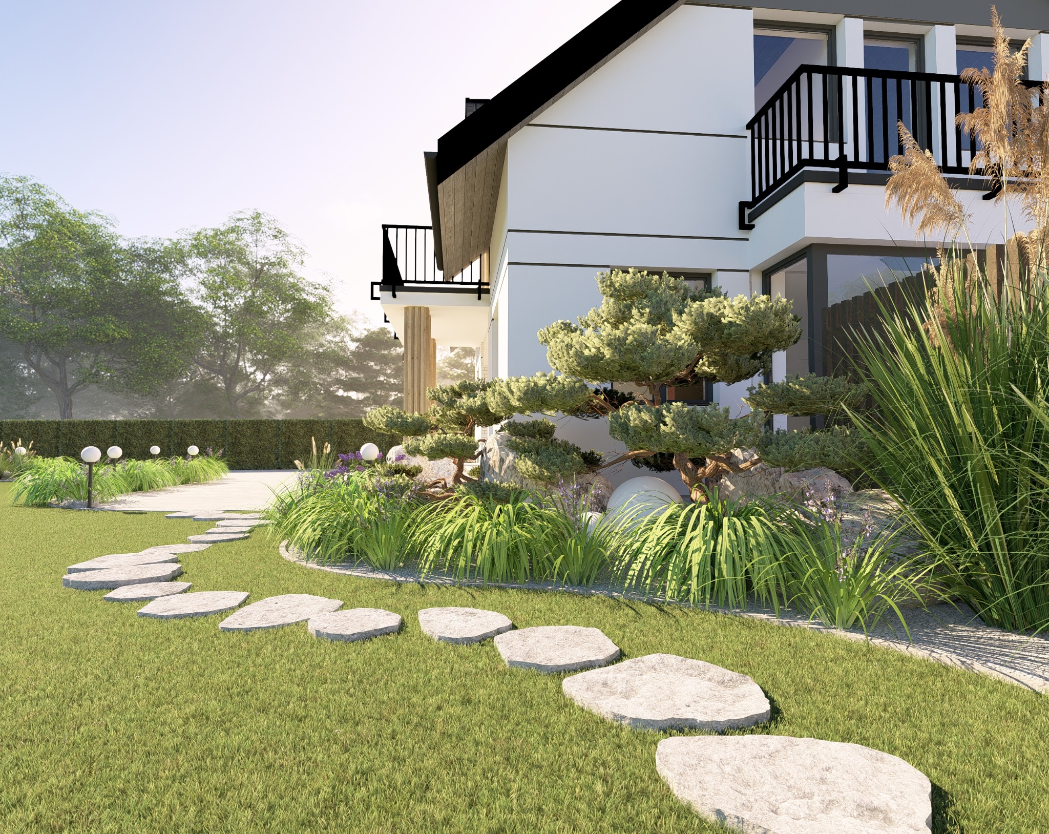 Nowoczesny ogród z ścieżką z kamieni prowadzącą do domu z balkonem. Starannie zaaranżowana zieleń, ozdobne trawy i krzewy. Oświetlenie ogrodowe wzdłuż ścieżki.