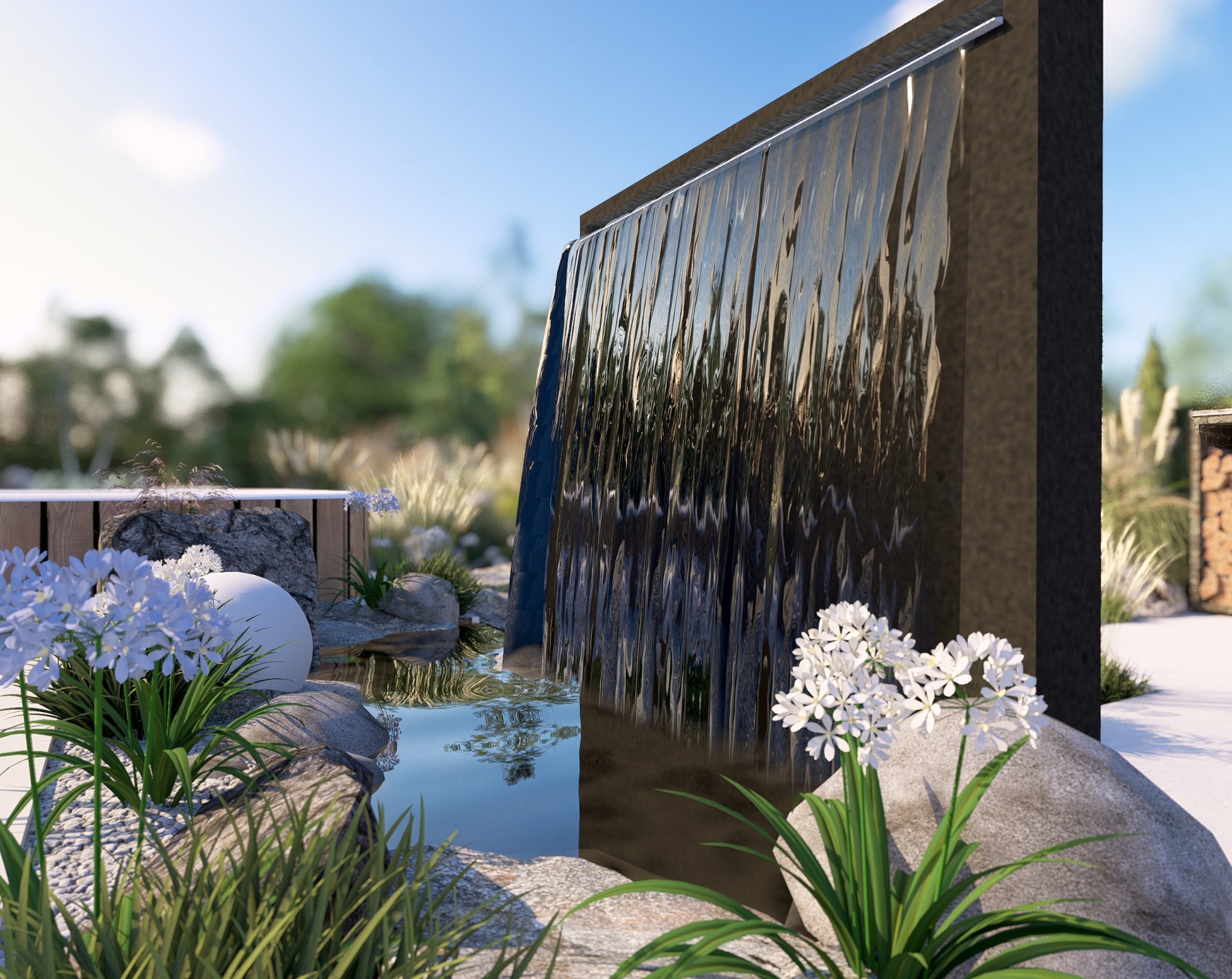 Nowoczesny ogród z wodospadem kaskadowym, białymi kwiatami i elementami małej architektury. Ujęcie z bliska, podkreślające detale i faktury.