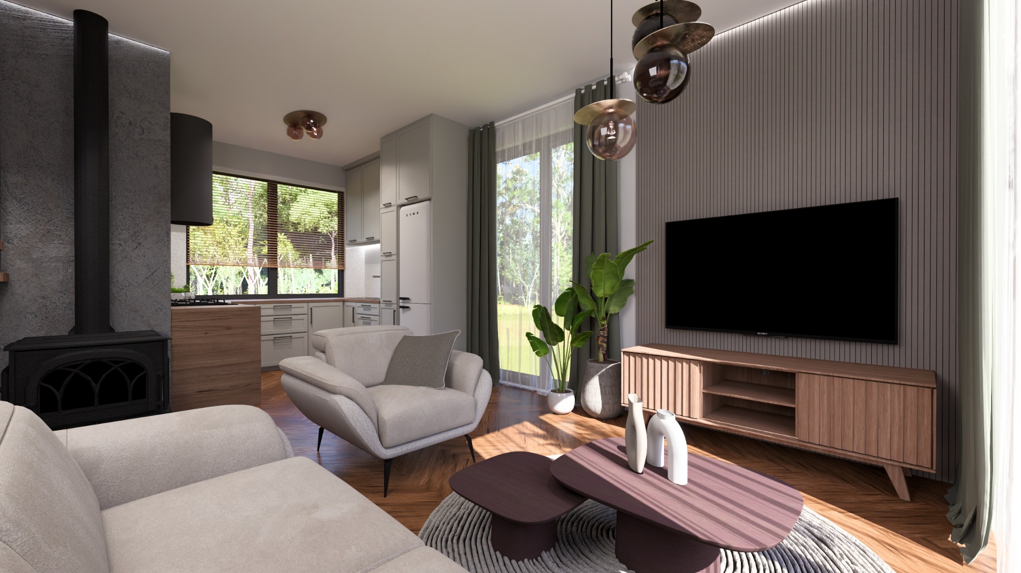 Nowoczesne wnętrze z kominkiem, beżową sofą i fotelami. Widok na kuchnię przez okno. Lampa wisząca z trzema kloszami. Minimalistyczny stolik kawowy.