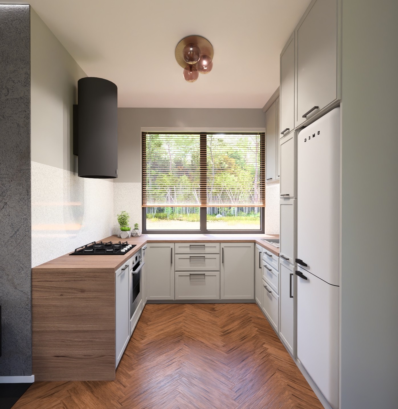 Nowoczesna kuchnia w odcieniach szarości z drewnianym blatem i parkietem. Duże okno z widokiem na zieleń. Minimalistyczna lampa sufitowa.