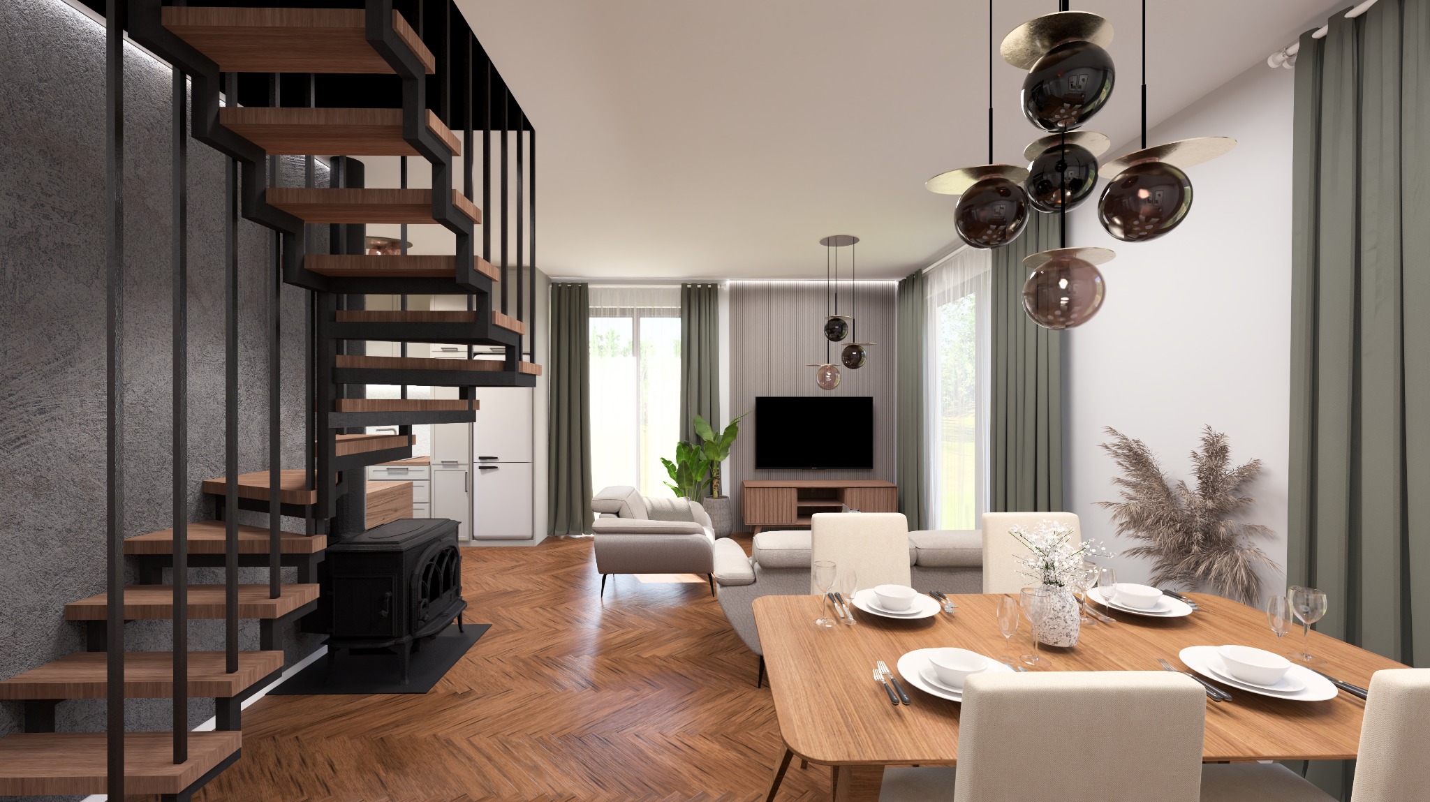 Wnętrze domu z drewnianymi schodami spiralnymi, kominkiem i jadalnią z dekoracyjną lampą. W tle salon z telewizorem i oknami z zasłonami.