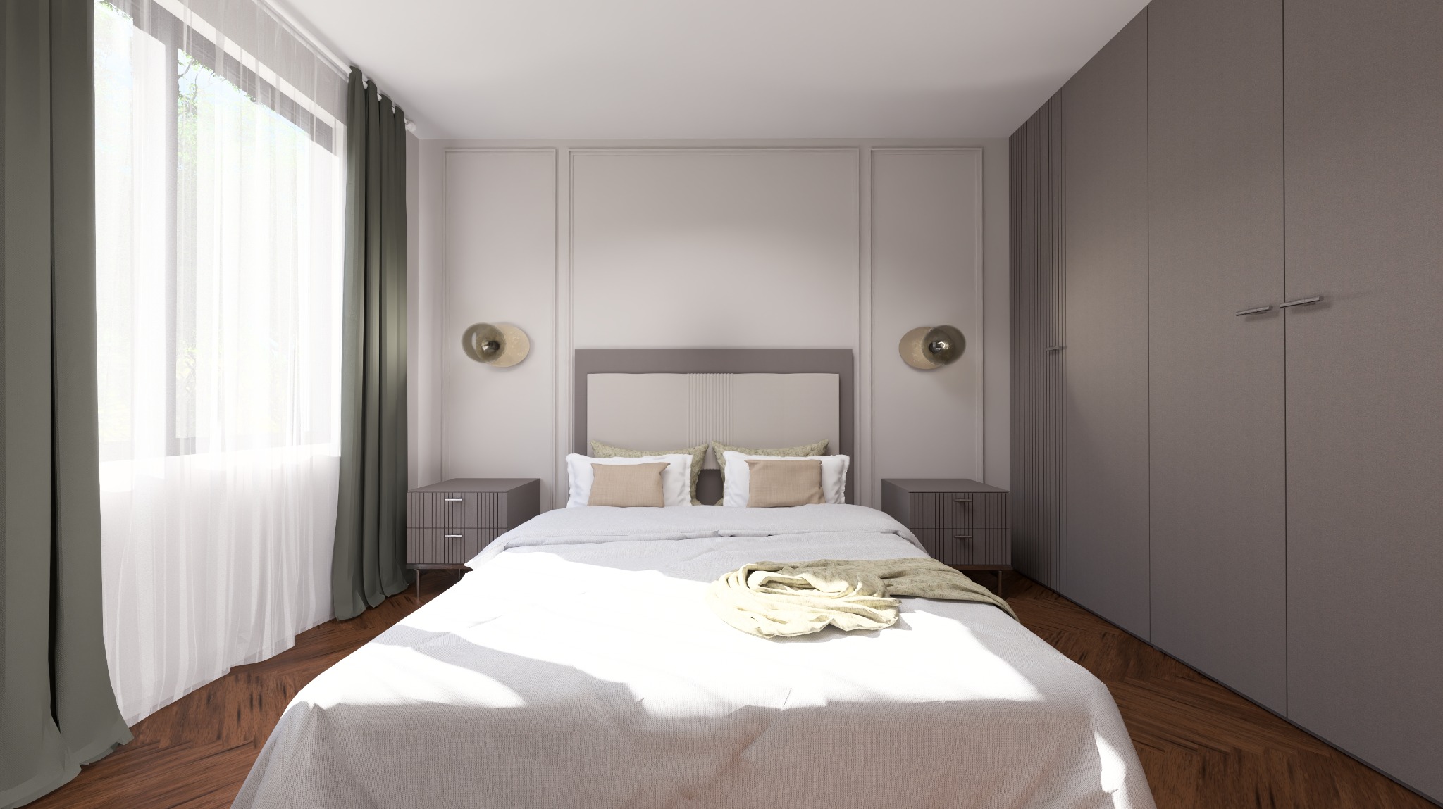 Elegancka sypialnia z łóżkiem, szafkami nocnymi i dużą szafą w stonowanych szarościach. Dekoracyjne lampy ścienne i panele ścienne dodają wnętrzu charakteru.