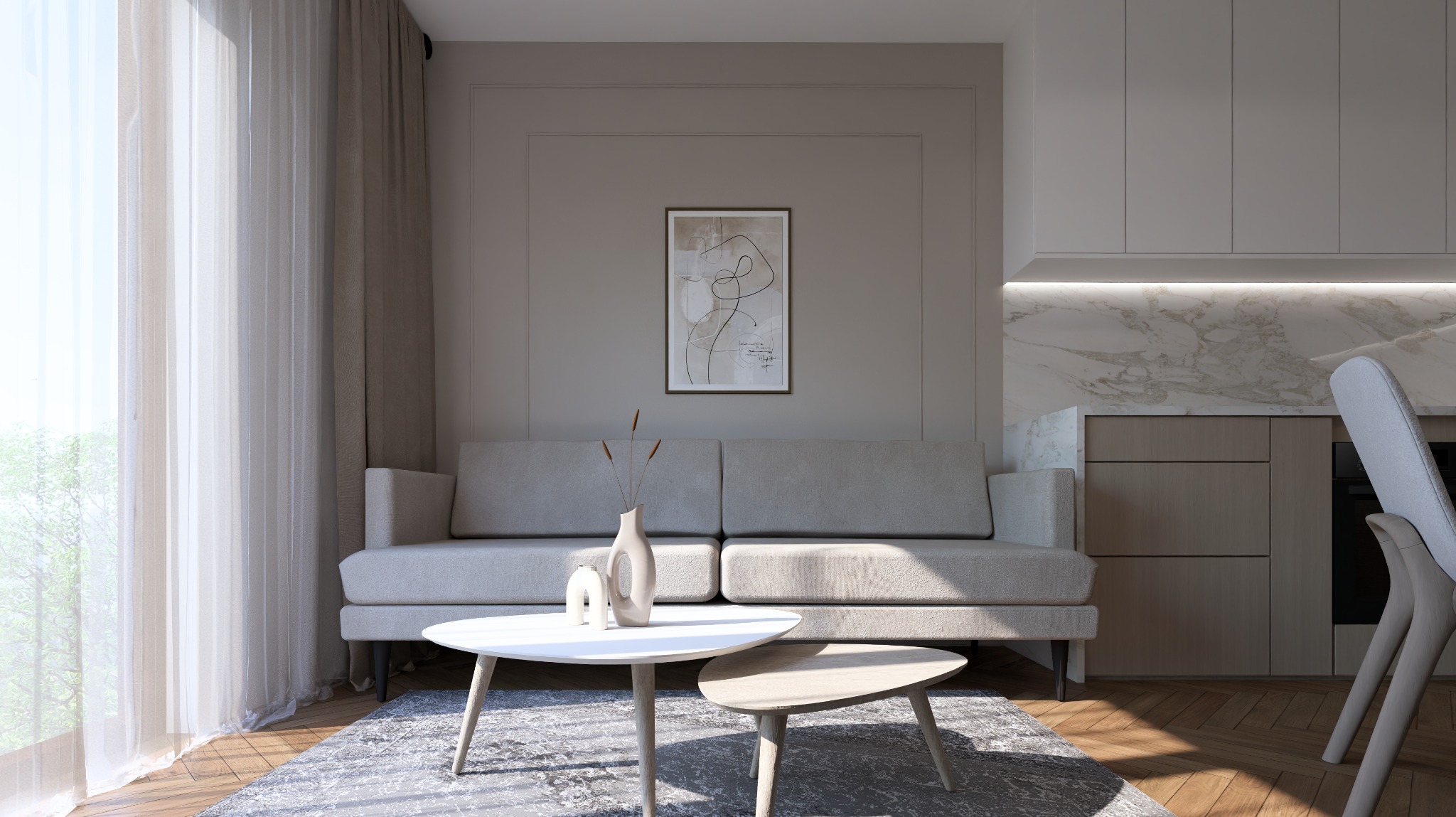 Stylowy salon w Orłach: beżowa sofa, stoliki kawowe, abstrakcyjny obraz na ścianie. Minimalistyczne wnętrze z marmurowym blatem i subtelnym oświetleniem.