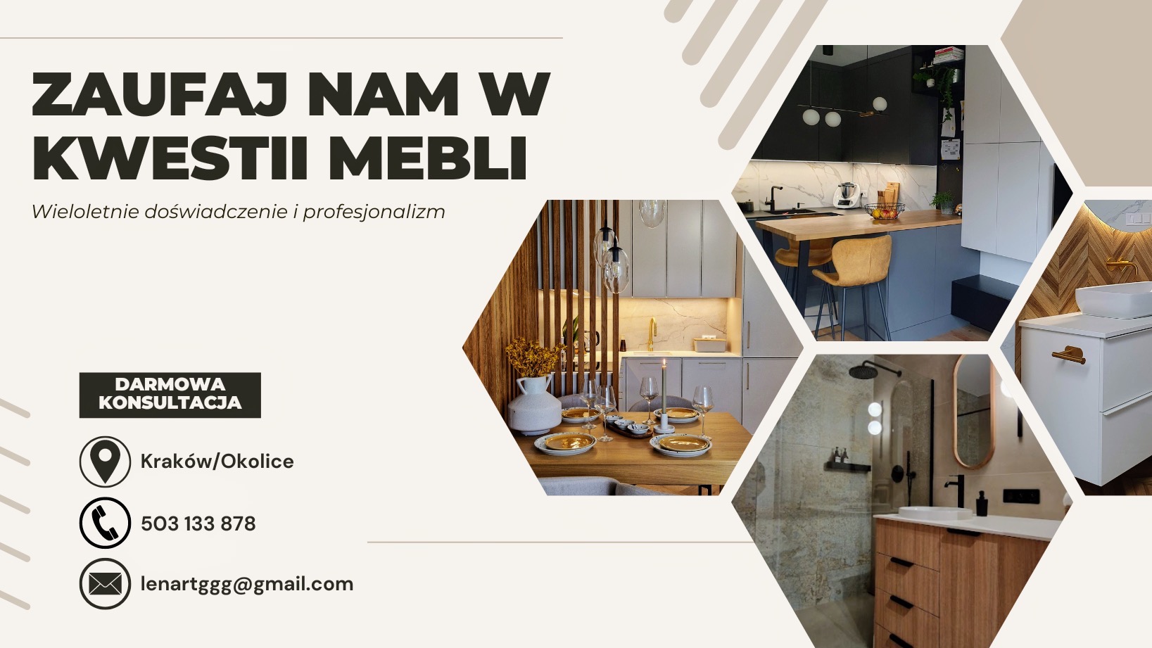Kompozycja wnętrz z elementami zabudowy kuchennej, łazienkowej i jadalni w nowoczesnym stylu, prezentowana w formie kolażu reklamowego z hasłem 'Zaufaj nam w kwestii mebli' i danymi kontaktowymi.