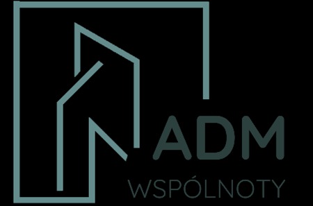 Logo firmy ADM Wspólnoty z abstrakcyjnym symbolem budynku w minimalistycznym stylu, na czarnym tle. Kolorystyka logo: odcienie szarości.